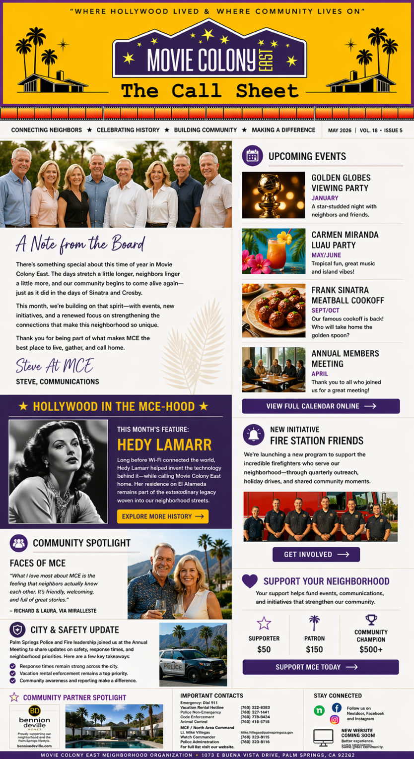 Preview of The Call Sheet newsletter, with sections for events, board notes, community spotlight and history