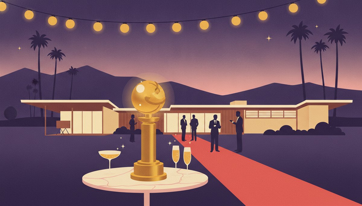 Illustration of a golden awards trophy on a red carpet outside a midcentury modern house at dusk