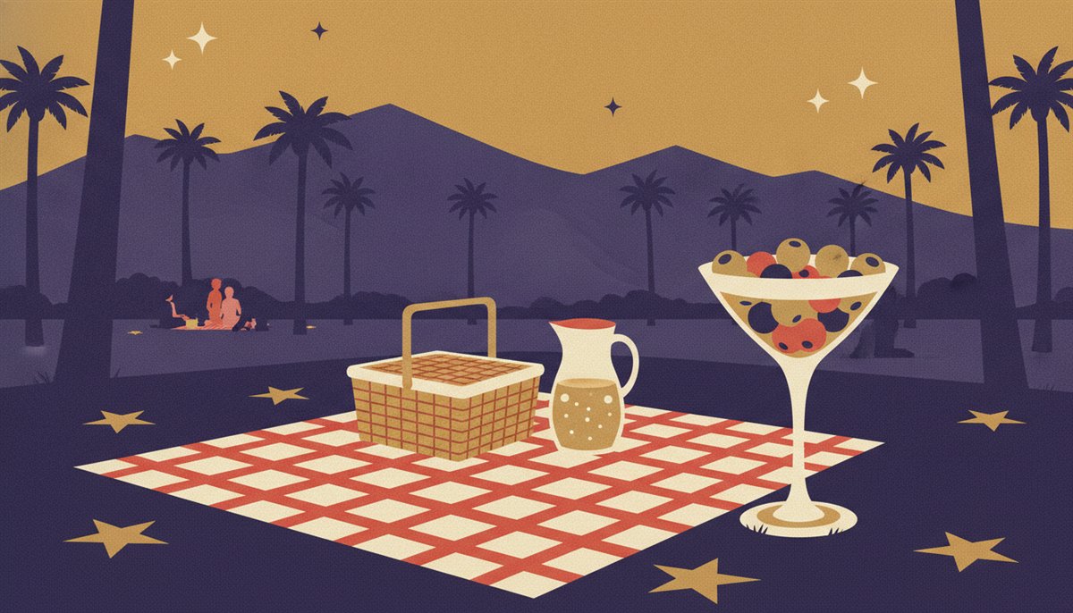 Illustration of a picnic blanket and a giant martini glass full of olives in a Palm Springs park