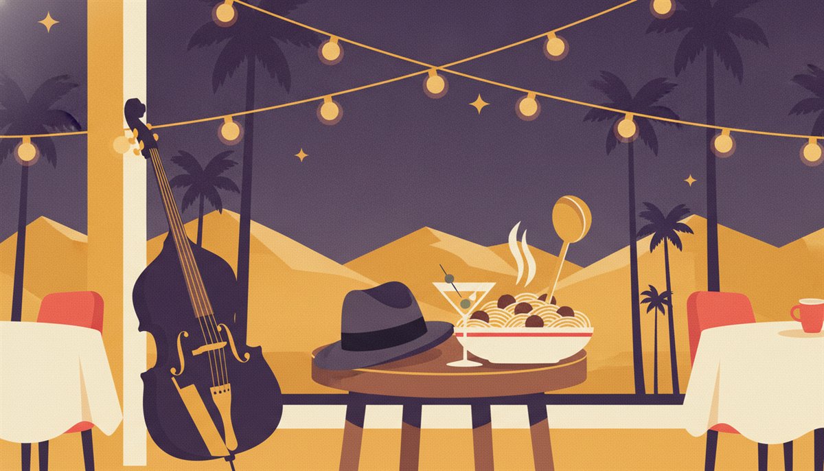 Illustration of a fedora, martini and platter of spaghetti and meatballs under string lights