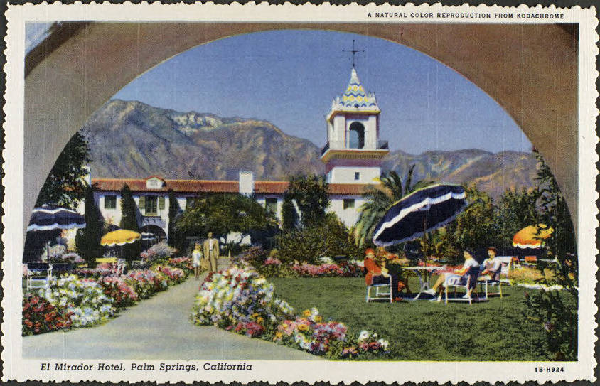 Vintage Kodachrome postcard of the El Mirador Hotel gardens and tower