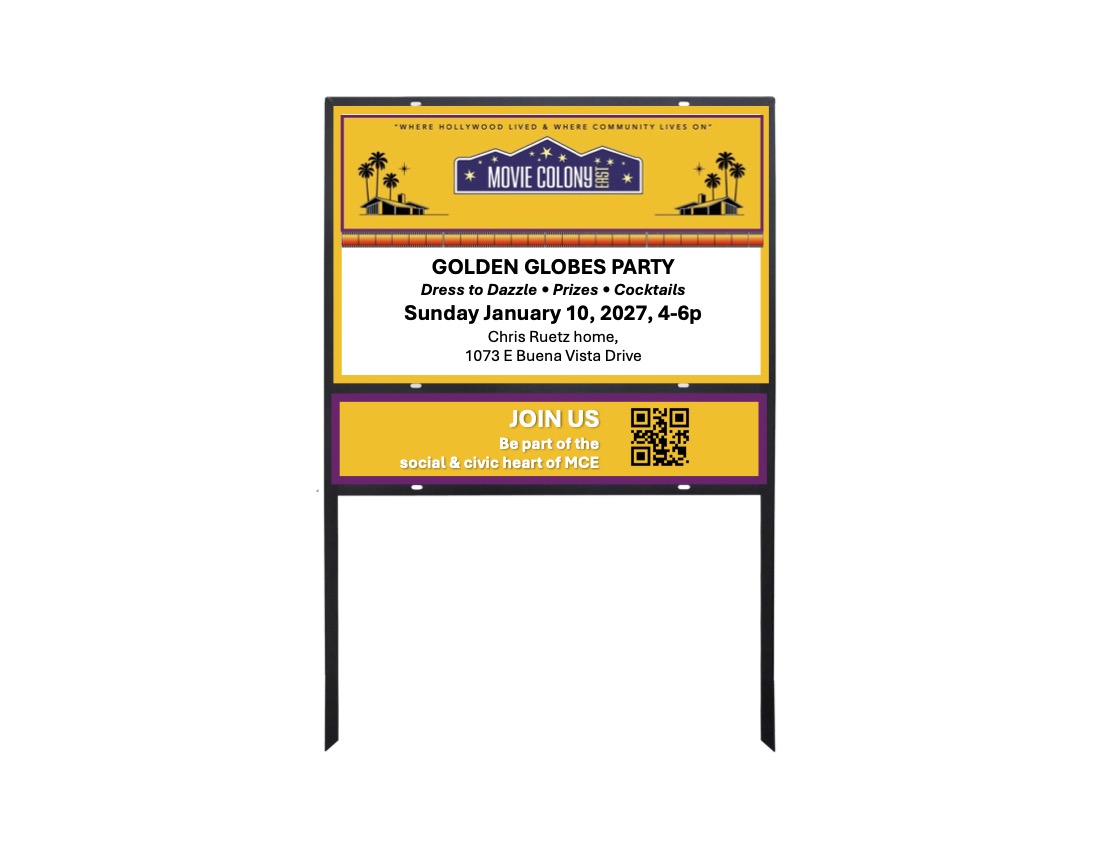 MCE event road sign announcing the Golden Globes Party with a JOIN US panel and QR code