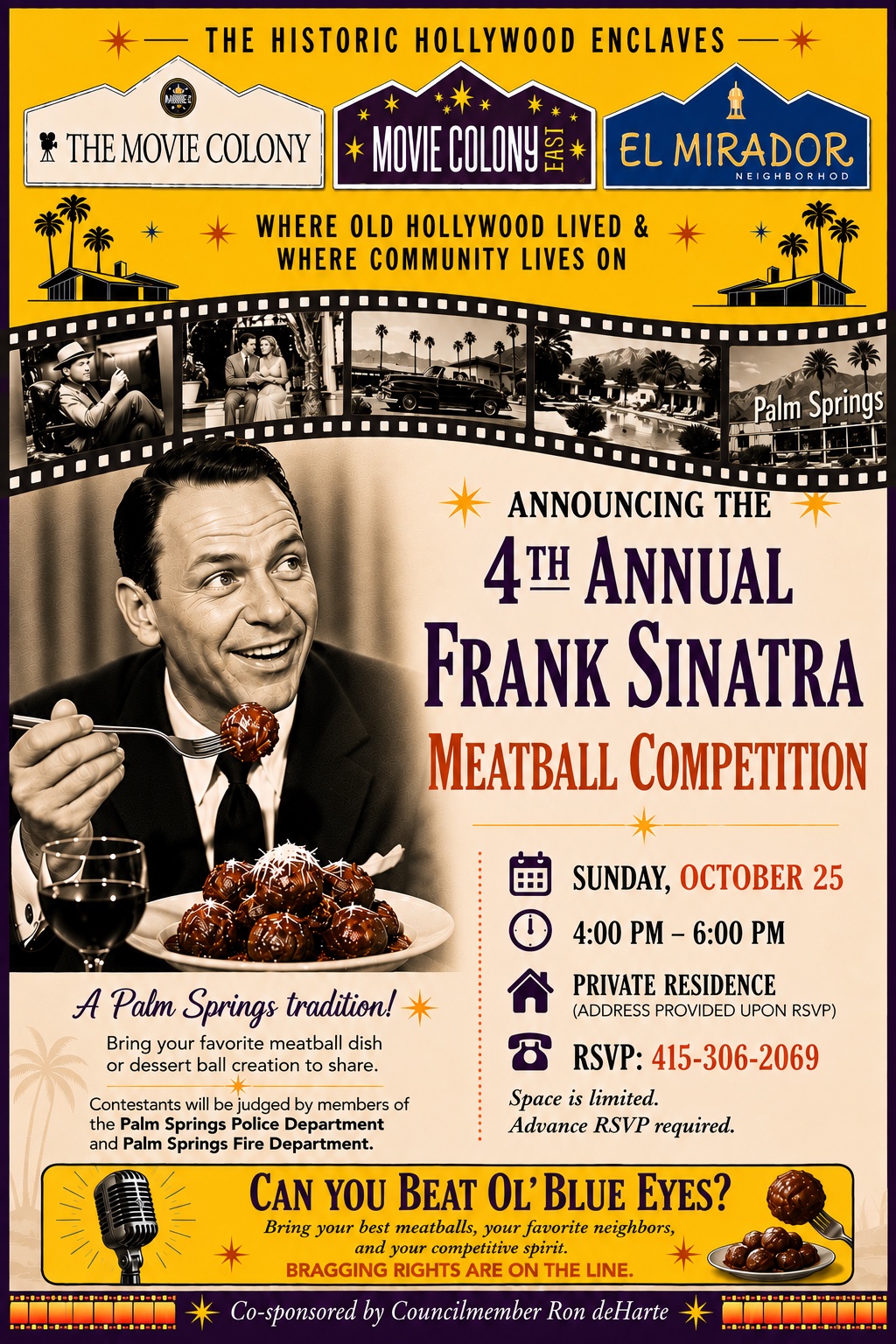 Flyer: 4th Annual Frank Sinatra Meatball Competition, Sunday, October 25, 4–6 pm, private residence, RSVP 415-306-2069